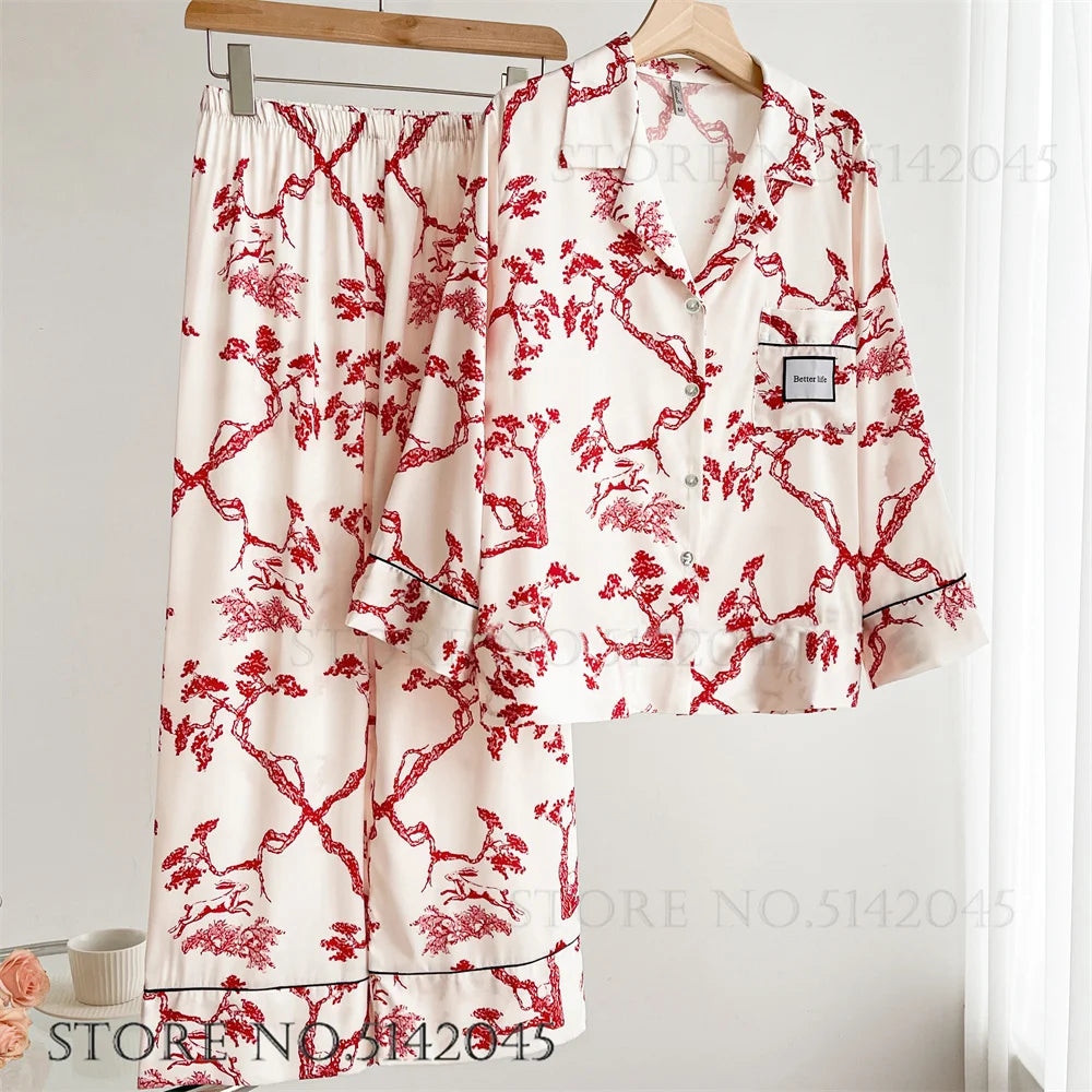 Fashion Print Flower Satin Women's Pajamas Set Luxury Pajamas Sets