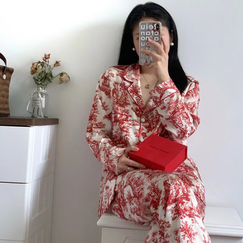 Fashion Print Flower Satin Women's Pajamas Set Luxury Pajamas Sets