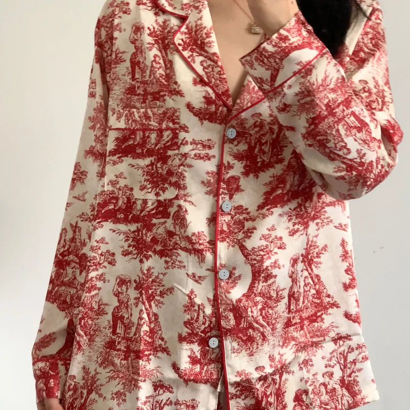 Fashion Print Flower Satin Women's Pajamas Set Luxury Pajamas Sets