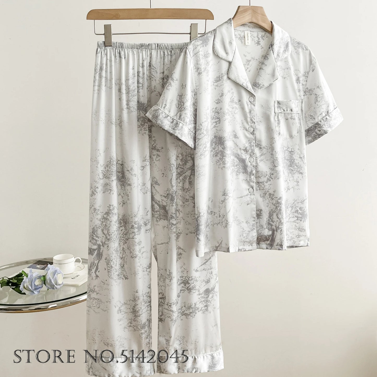 Fashion Print Flower Satin Women's Pajamas Set Luxury Pajamas Sets