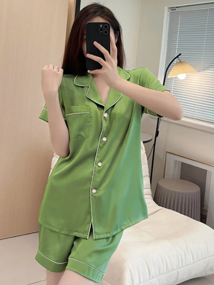 Pajama Set for Women 2 Piece Lounge Set Short Sleeve button down and Shorts Soft Sleepwear, Chest Pocket