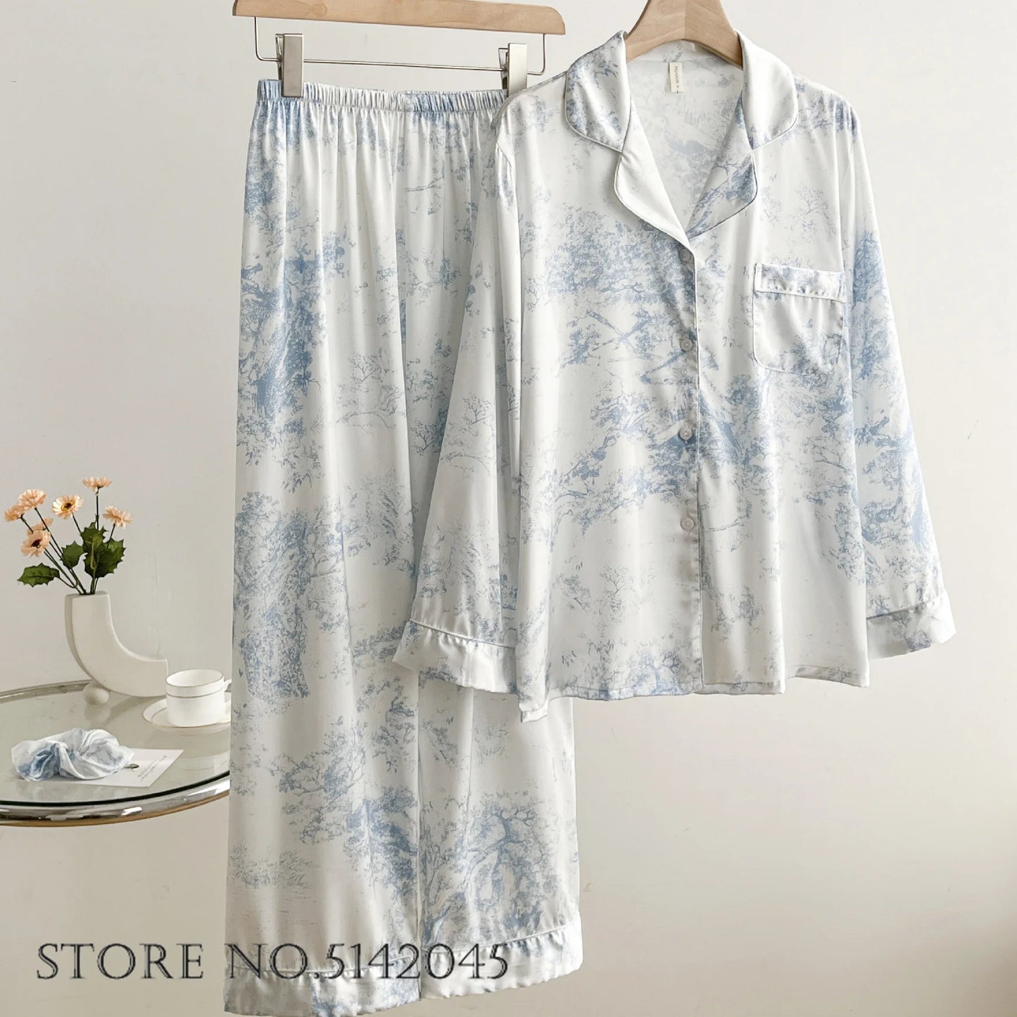 Fashion Print Flower Satin Women's Pajamas Set Luxury Pajamas Sets