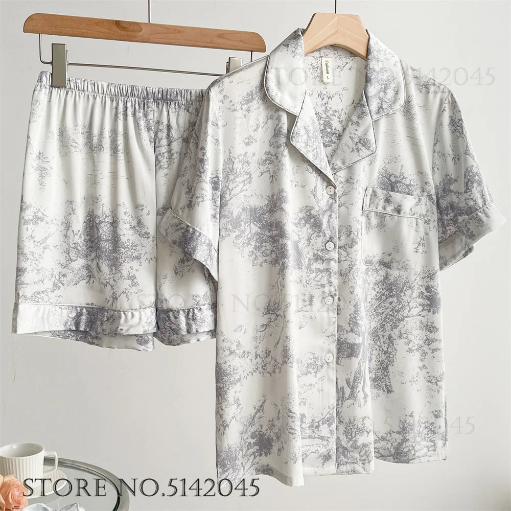 Fashion Print Flower Satin Women's Pajamas Set Luxury Pajamas Sets