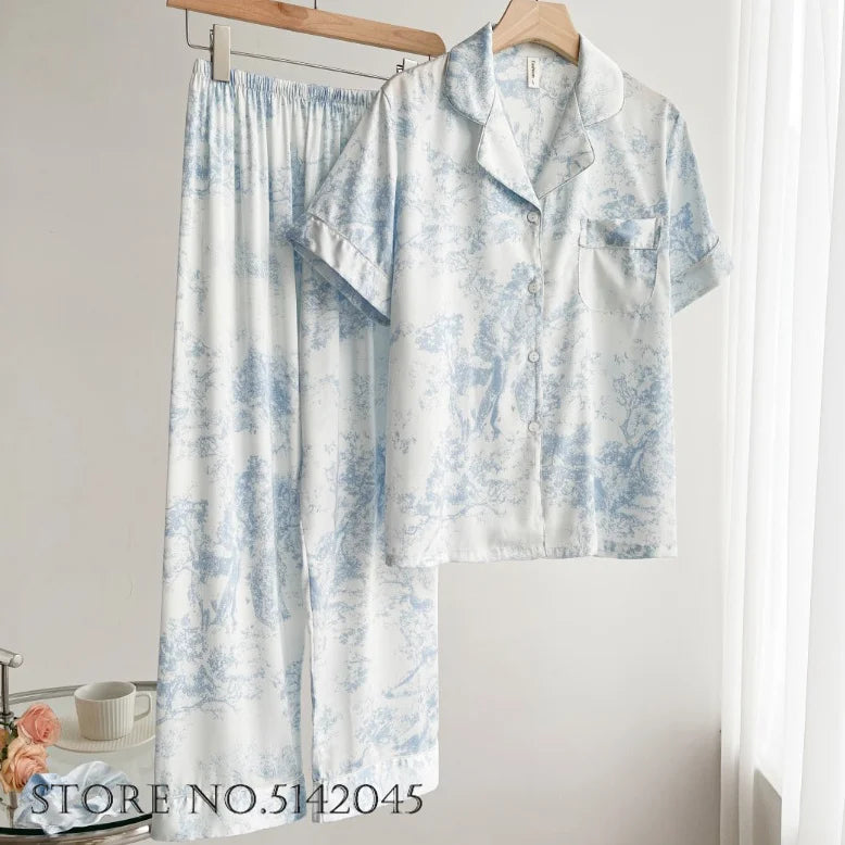 Fashion Print Flower Satin Women's Pajamas Set Luxury Pajamas Sets