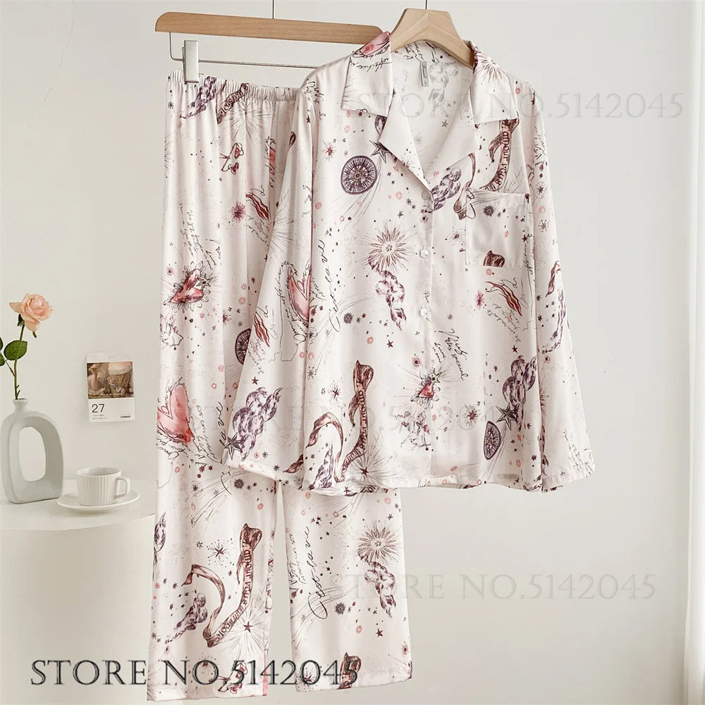 Fashion Print Flower Satin Women's Pajamas Set Luxury Pajamas Sets