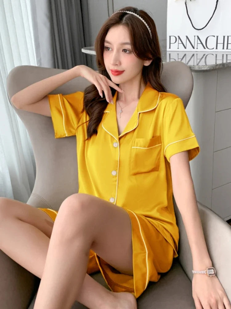 Pajama Set for Women 2 Piece Lounge Set Short Sleeve button down and Shorts Soft Sleepwear, Chest Pocket