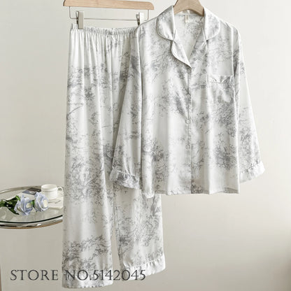 Fashion Print Flower Satin Pajamas Set