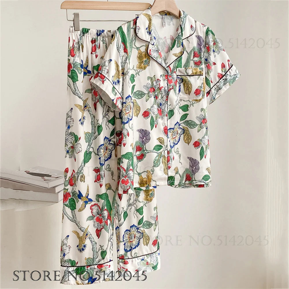 Fashion Print Flower Satin Pajamas Set