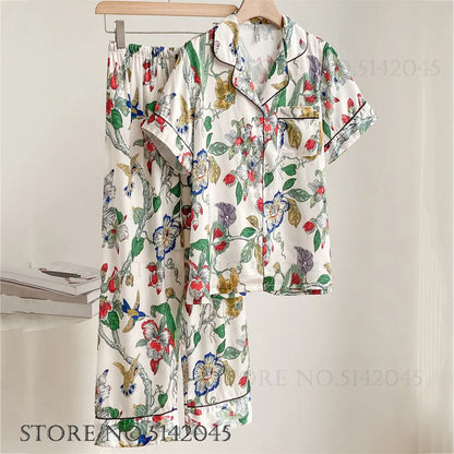 Fashion Print Flower Satin Pajamas Set