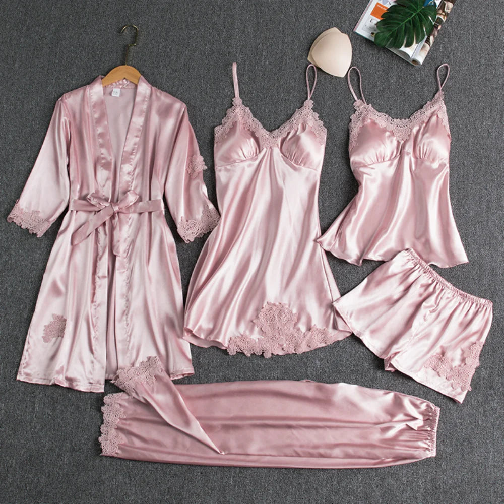 5-Piece Women's Silk Satin Pajama Set