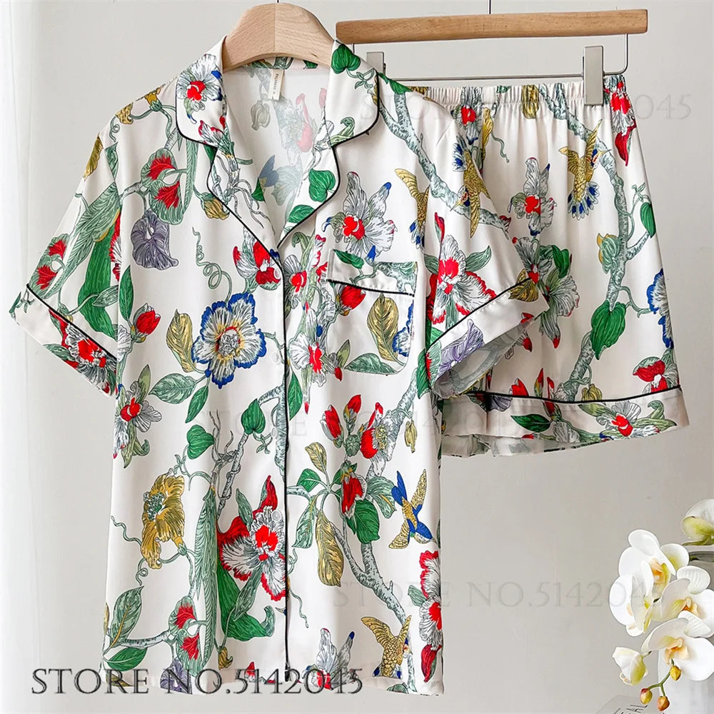 Fashion Print Flower Satin Pajamas Set