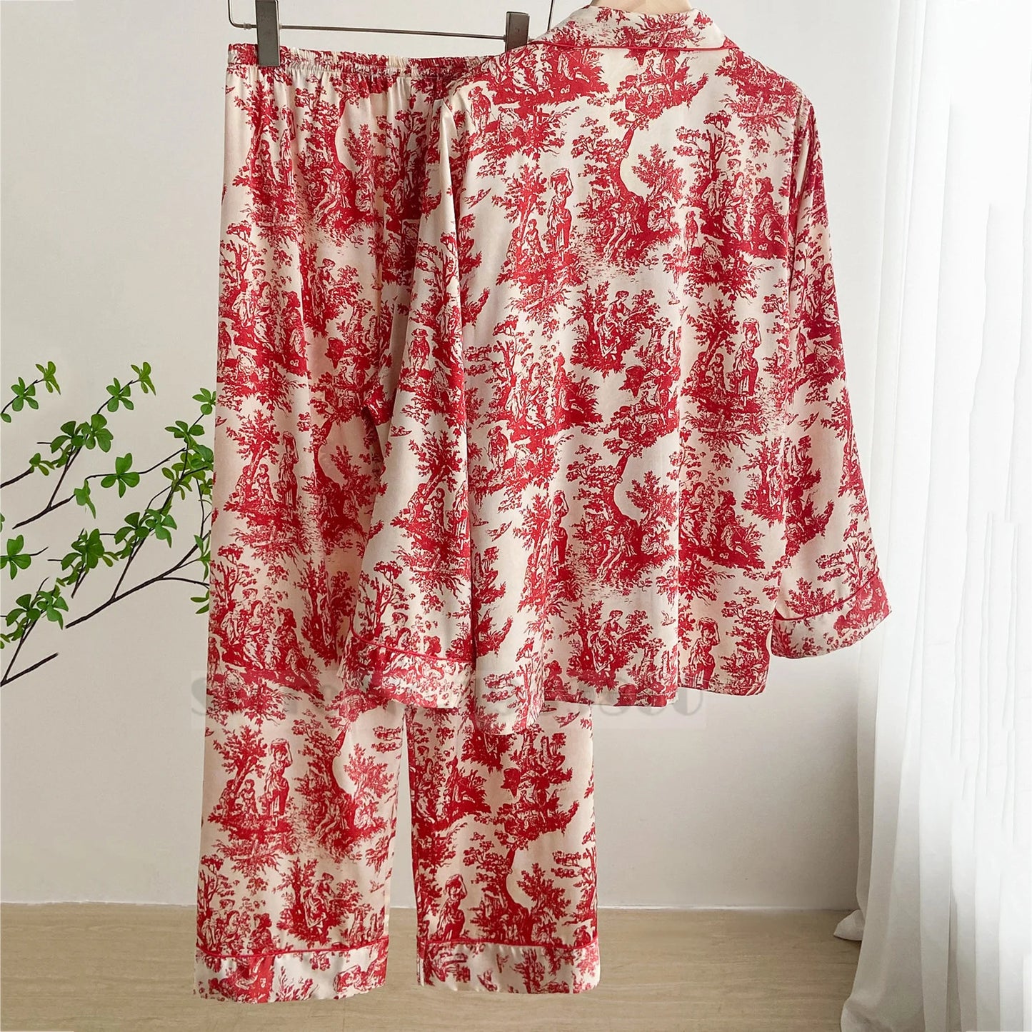 Fashion Print Flower Satin Pajamas Set