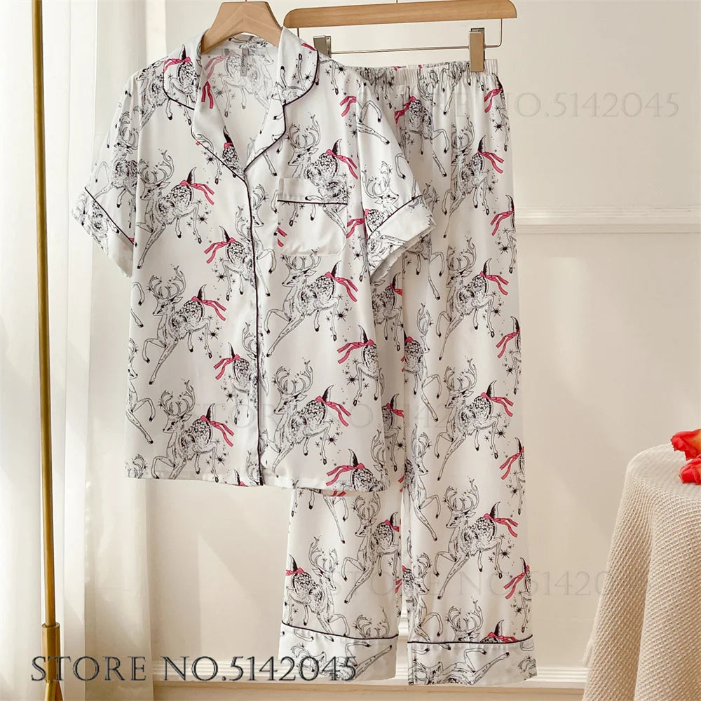 Fashion Print Flower Satin Pajamas Set