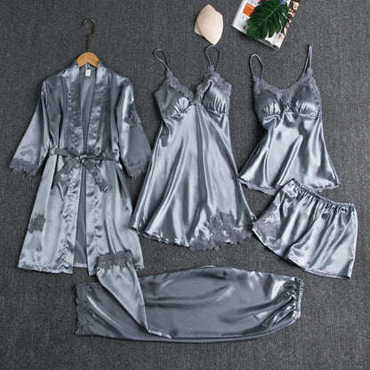 5-Piece Women's Silk Satin Pajama Set