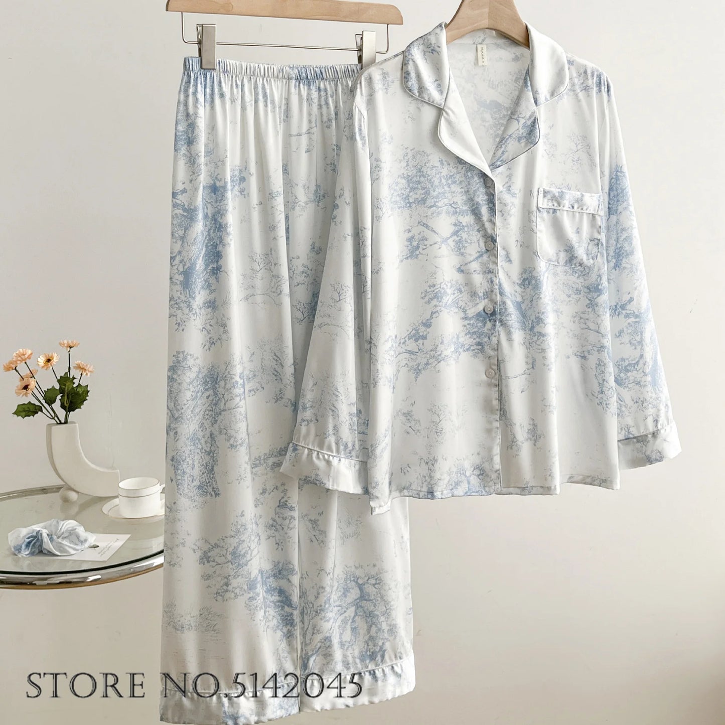 Fashion Print Flower Satin Pajamas Set