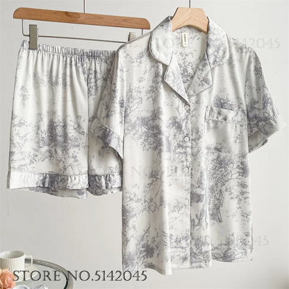 Fashion Print Flower Satin Pajamas Set