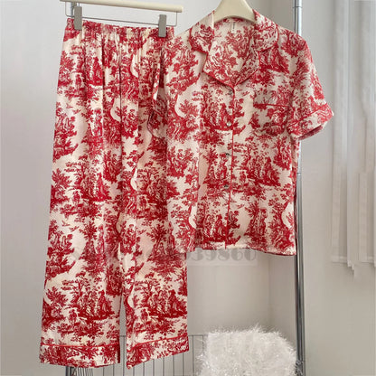 Fashion Print Flower Satin Pajamas Set