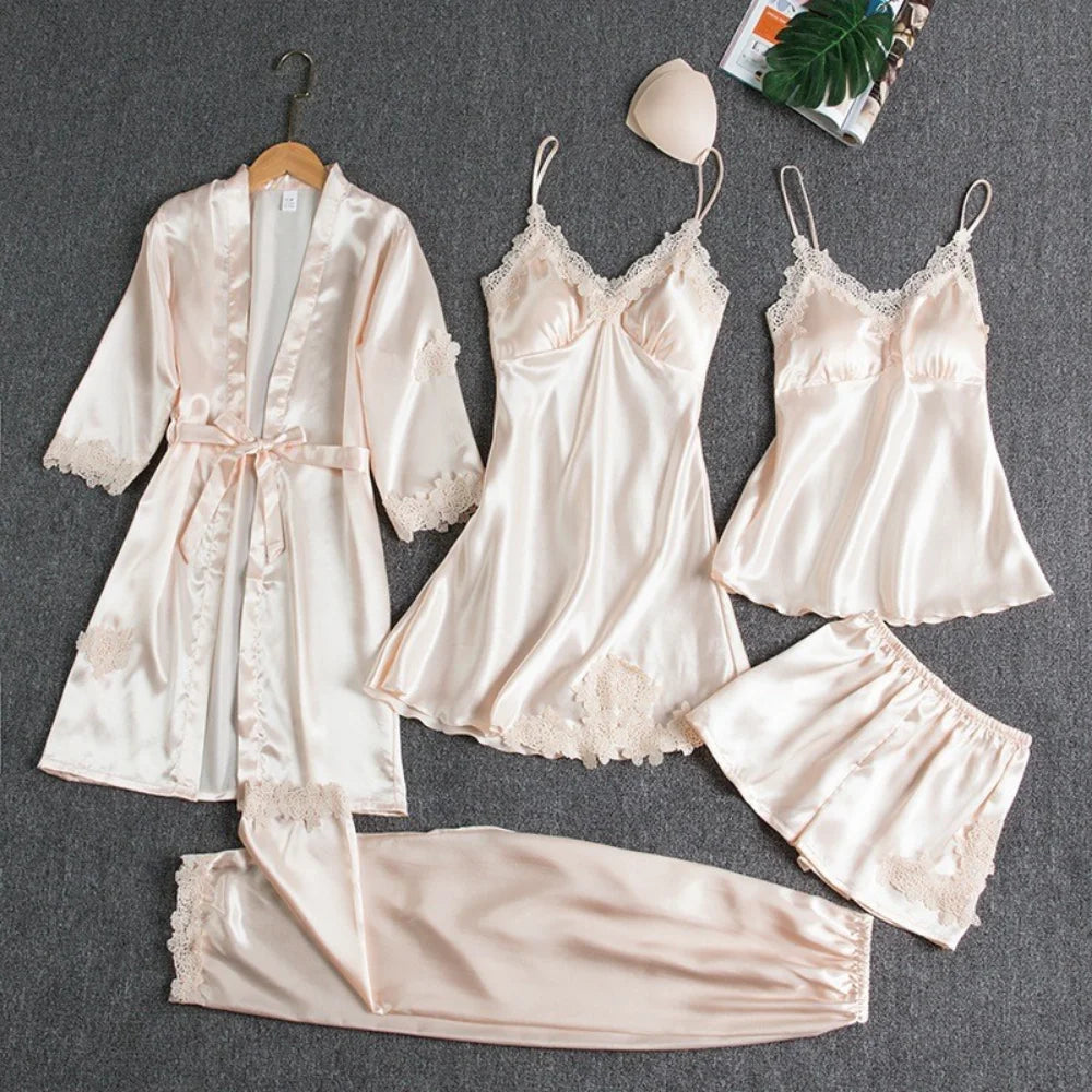 5-Piece Women's Silk Satin Pajama Set