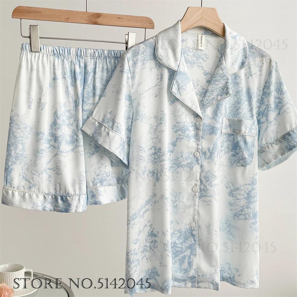 Fashion Print Flower Satin Pajamas Set